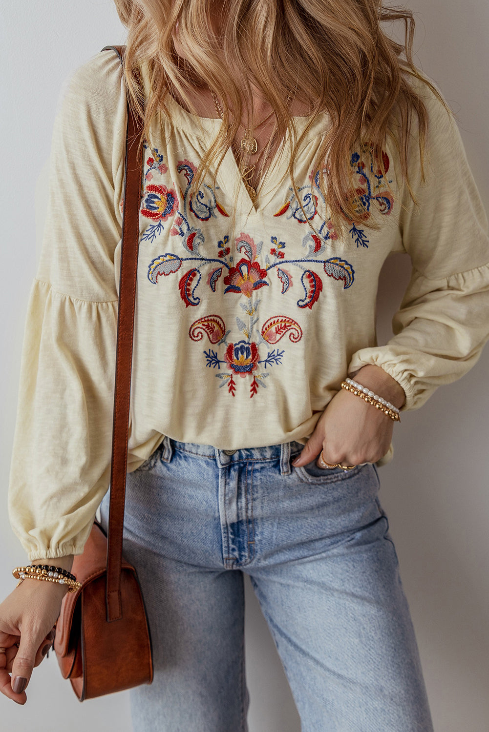 Apricot Paisley Floral Embroidered Notch V Neck Blouse-Chaelisa's New Jammies