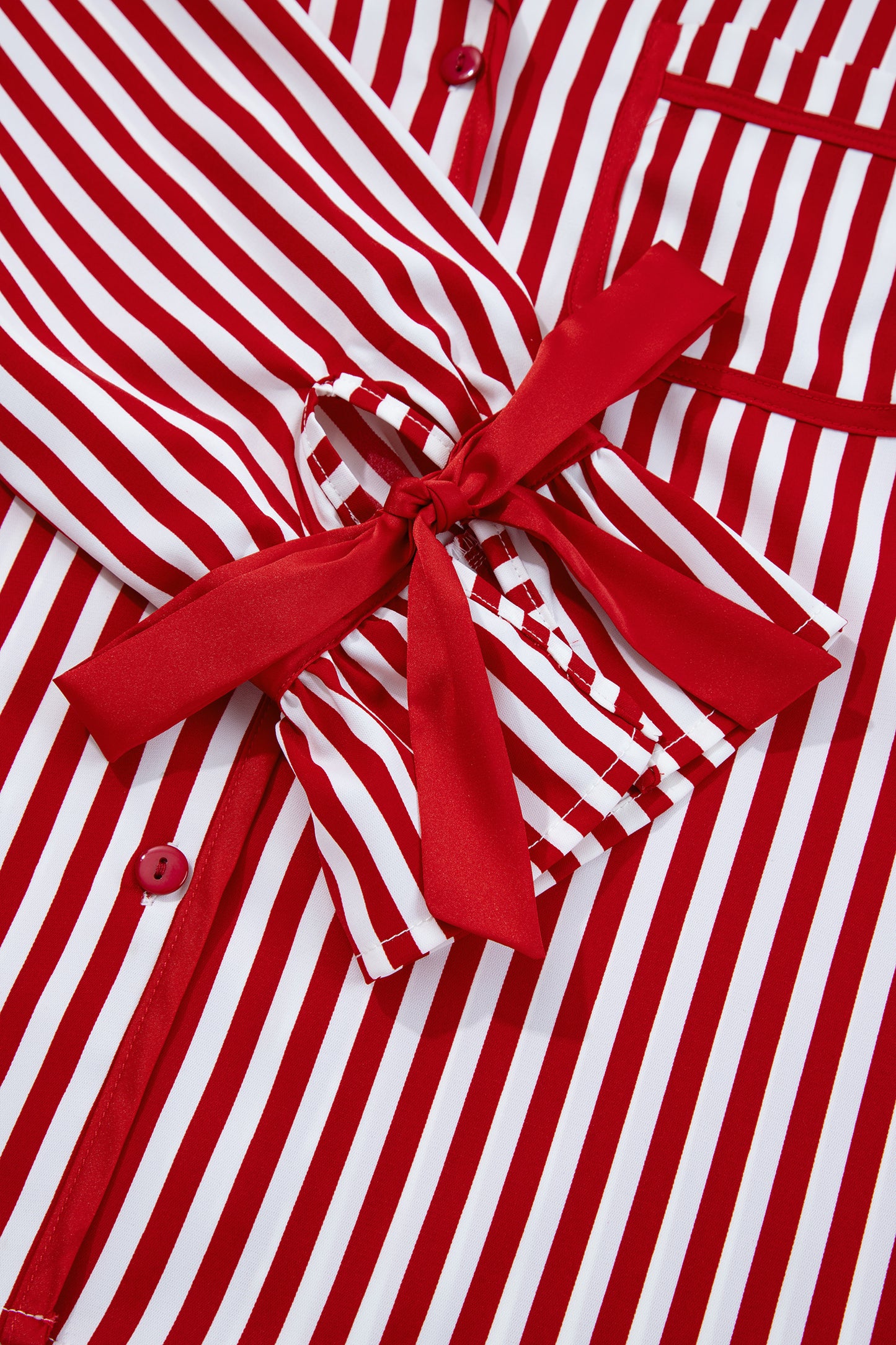 Red Stripe Contrast Velvet Trim Bow Knot Waist 2pcs Pajama Set