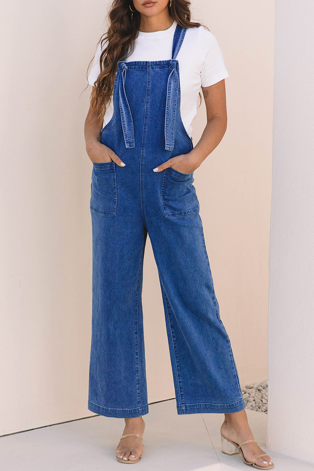 Prussian Blue Mineral Wash Knotted Strap Patched Pocket Wide Leg Denim Overalls-Chaelisa's New Jammies