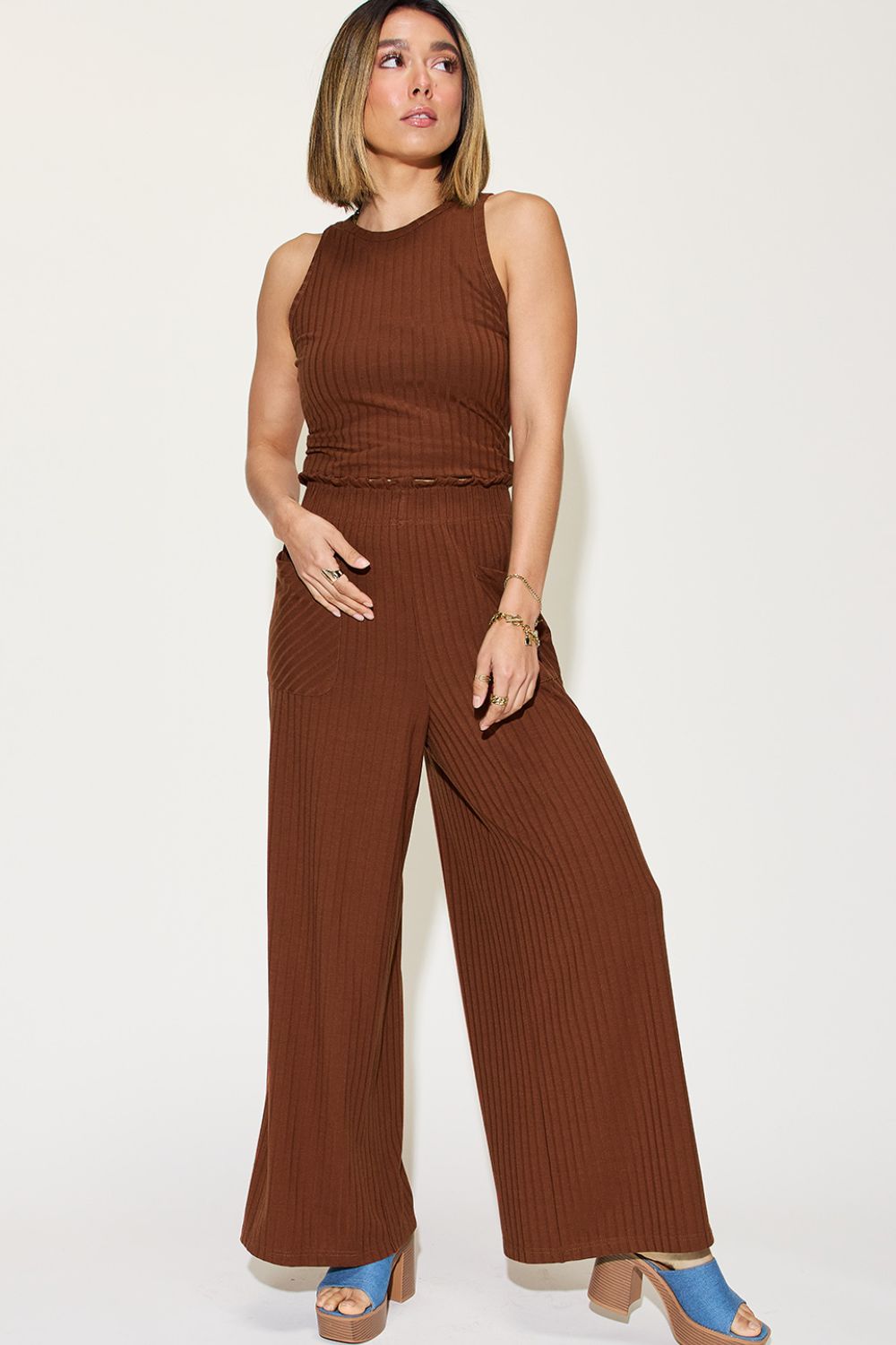 Basic Bae Full Size Ribbed Tank and Wide Leg Pants Set-Chaelisa's New Jammies