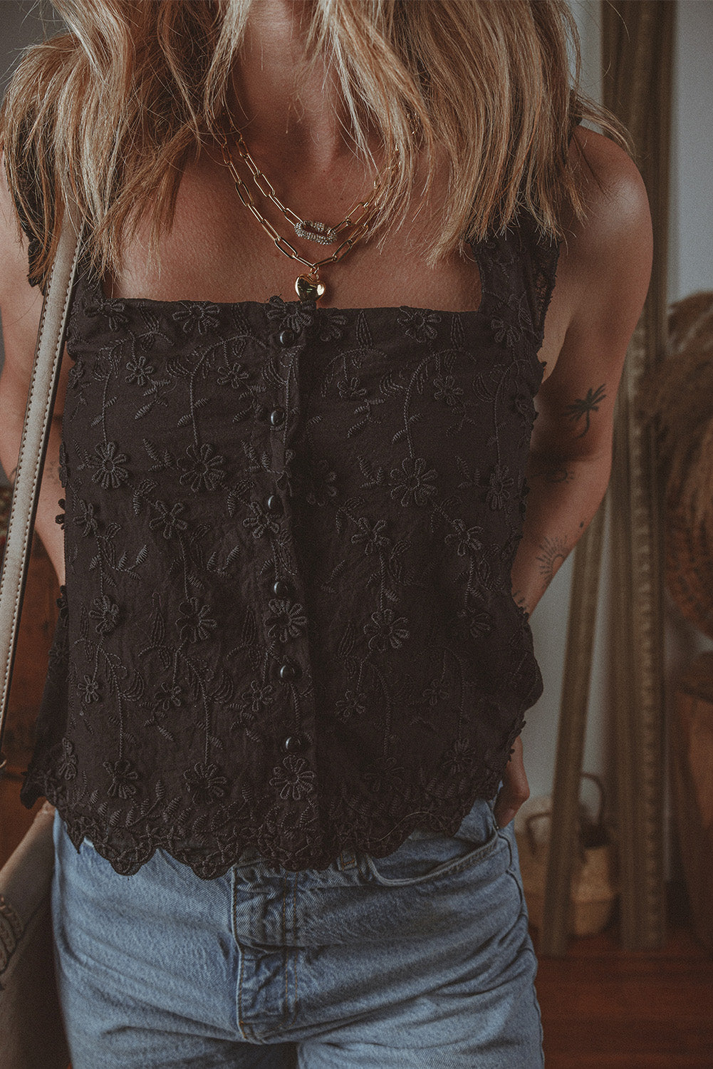 Black Floral Embroidered Buttoned Square Neck Tank Top-Chaelisa's New Jammies