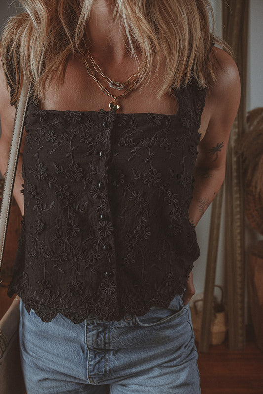 Black Floral Embroidered Buttoned Square Neck Tank Top-Chaelisa's New Jammies