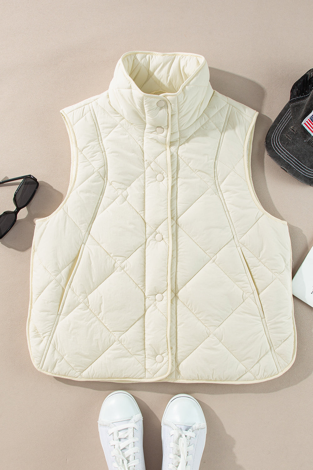 Beige Quilted High Neck Button Up Pocket Vest Coat-Chaelisa's New Jammies