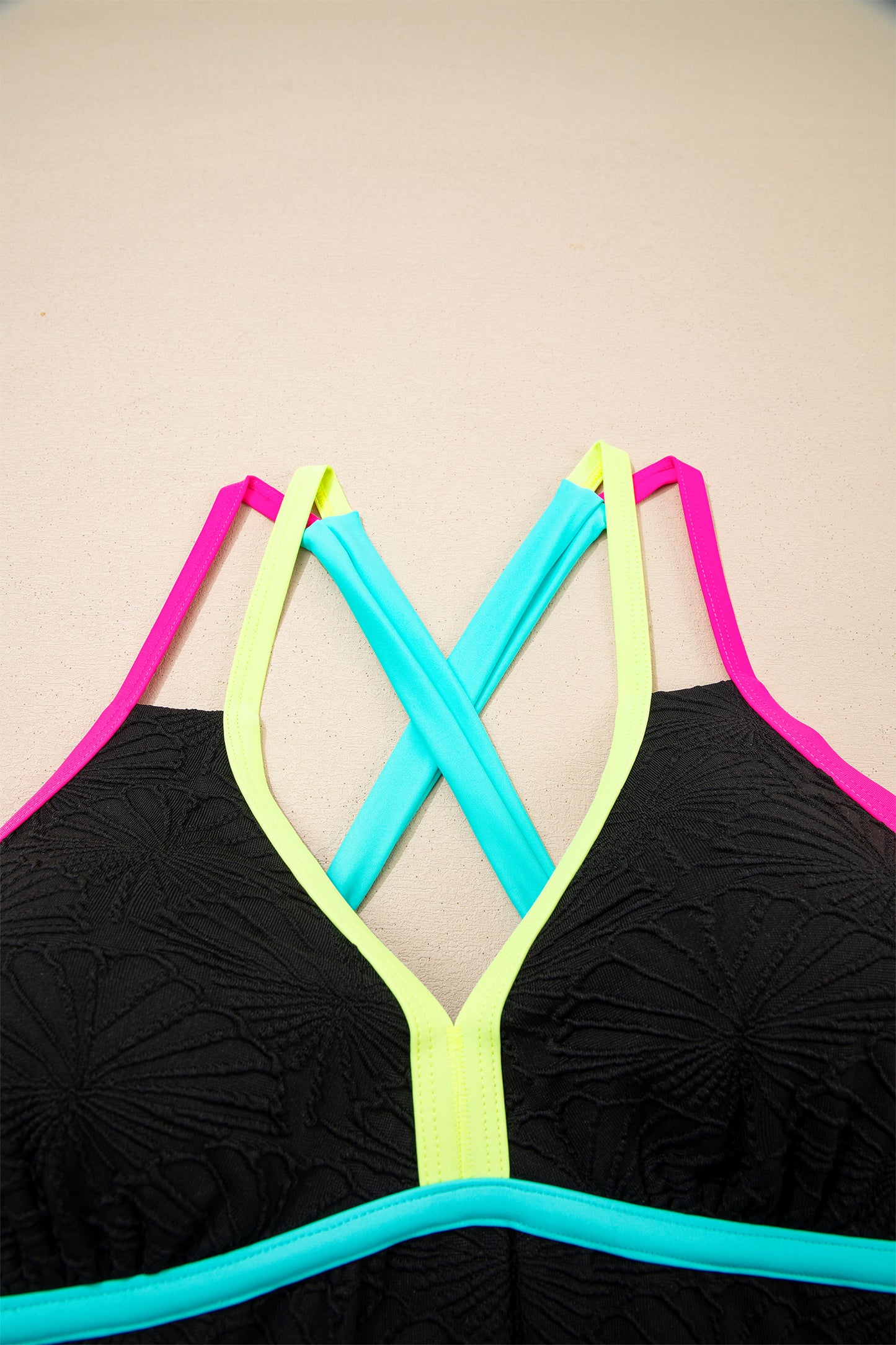 Black Floral Textured Neon Trim V Neck Crisscross Backless Tankini Set