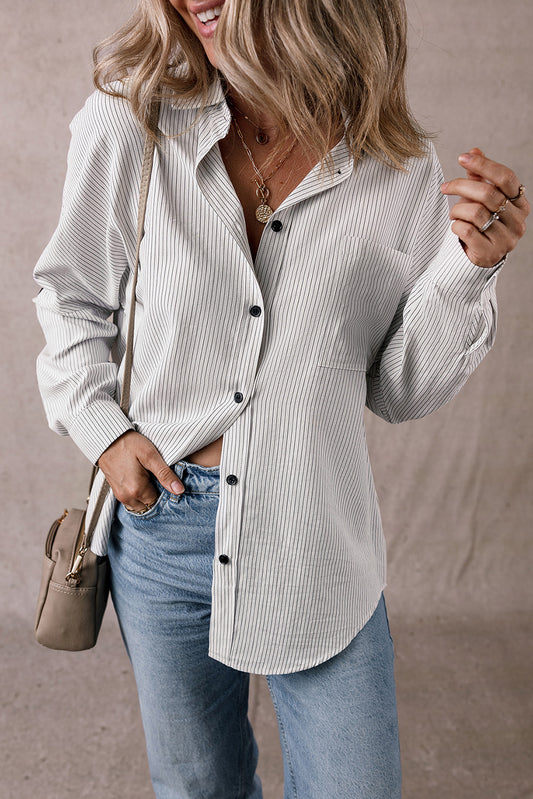 Black Stripe Roll-tab Sleeve Pocketed Long Shirt-Chaelisa's New Jammies