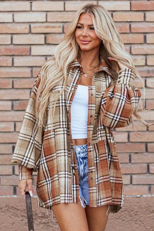 Khaki Plaid Colorblock Patchwork High Low Shacket-Chaelisa's New Jammies