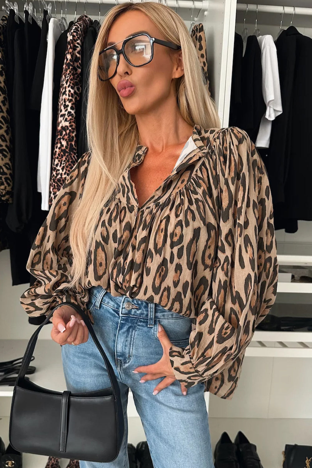 Light French Beige Oversized Leopard Print Balloon Sleeve Casual Shirt-Chaelisa's New Jammies