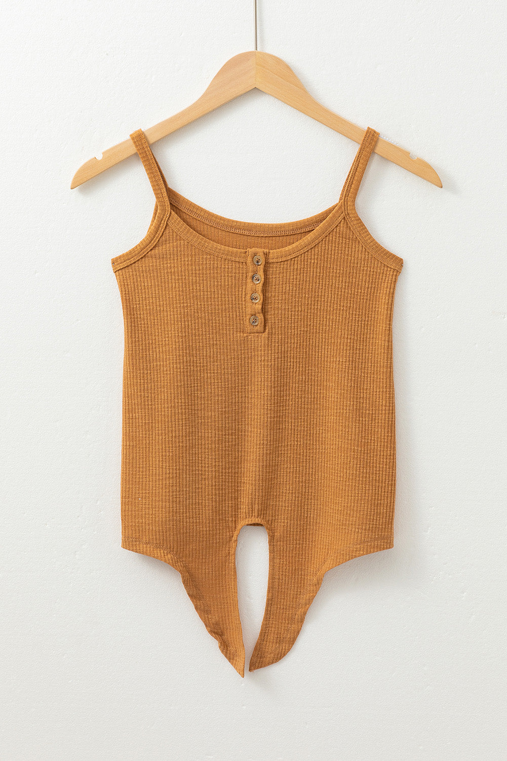 Straw Yellow Ribbed Front Knot Buttoned Thin Strap Tank Top-Chaelisa's New Jammies