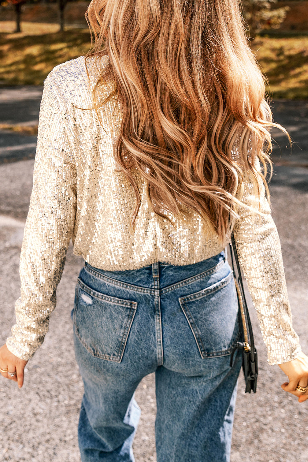 Beige Sequin Long Sleeve Wrap V Neck Bodysuit-Chaelisa's New Jammies