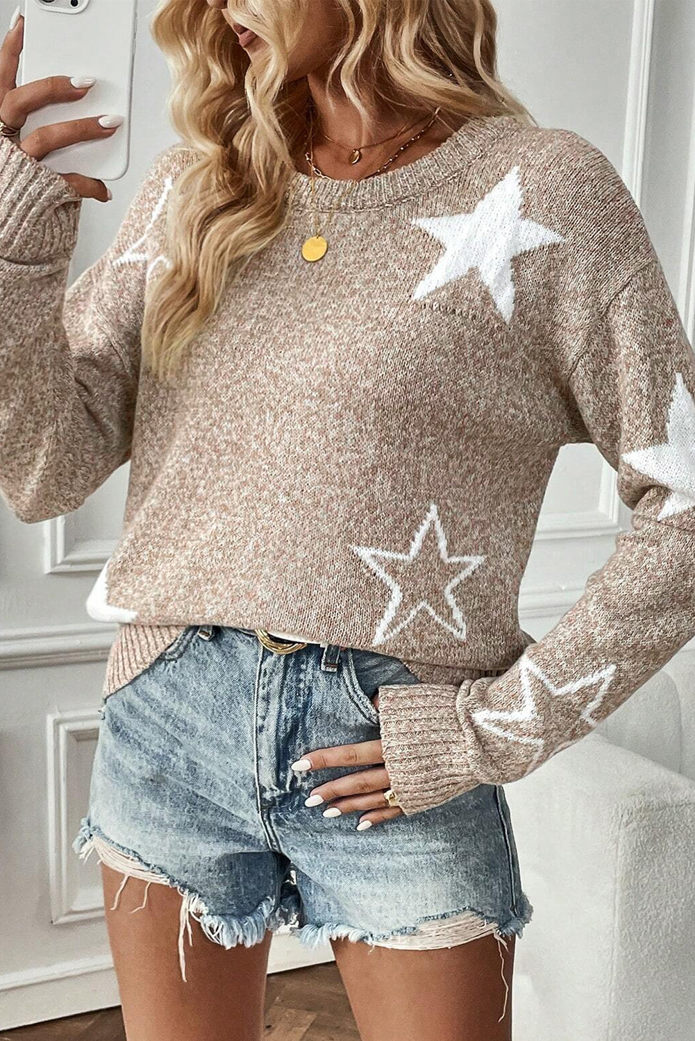 Khaki Star Pattern Drop Shoulder Sweater-Chaelisa's New Jammies
