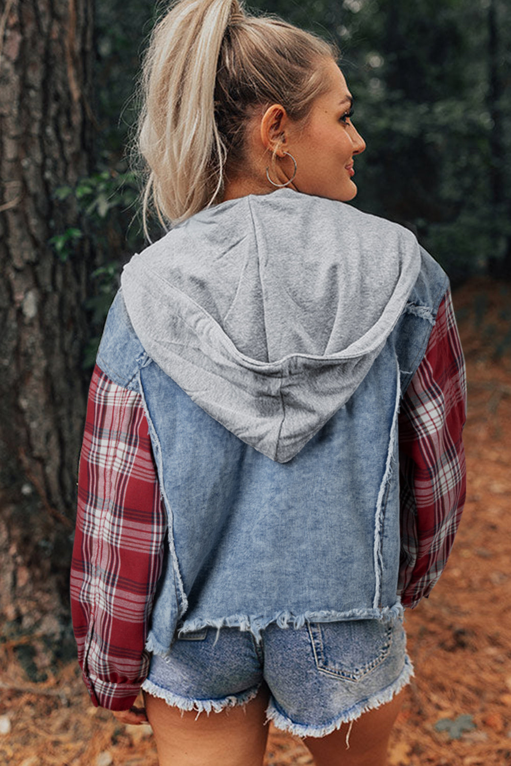 Beau Blue Plaid Print Patchwork Hooded Raw Hem Denim Jacket-Chaelisa's New Jammies