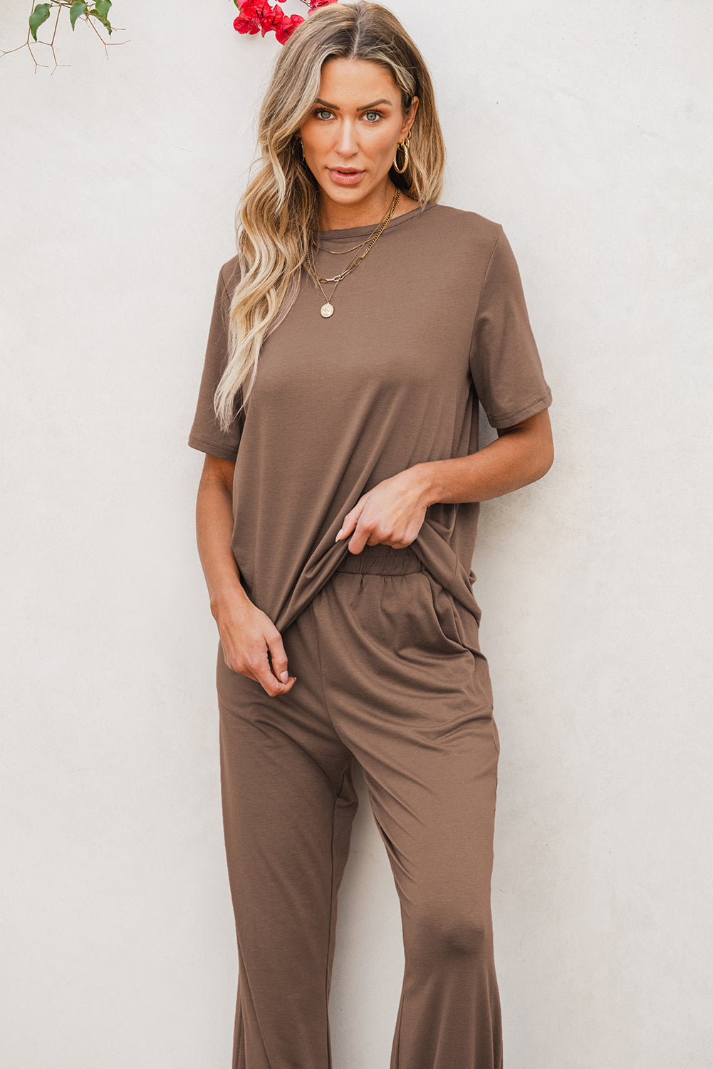 Smoke Gray Solid Color T Shirt 2pcs Wide Leg Pants Set-Chaelisa's New Jammies