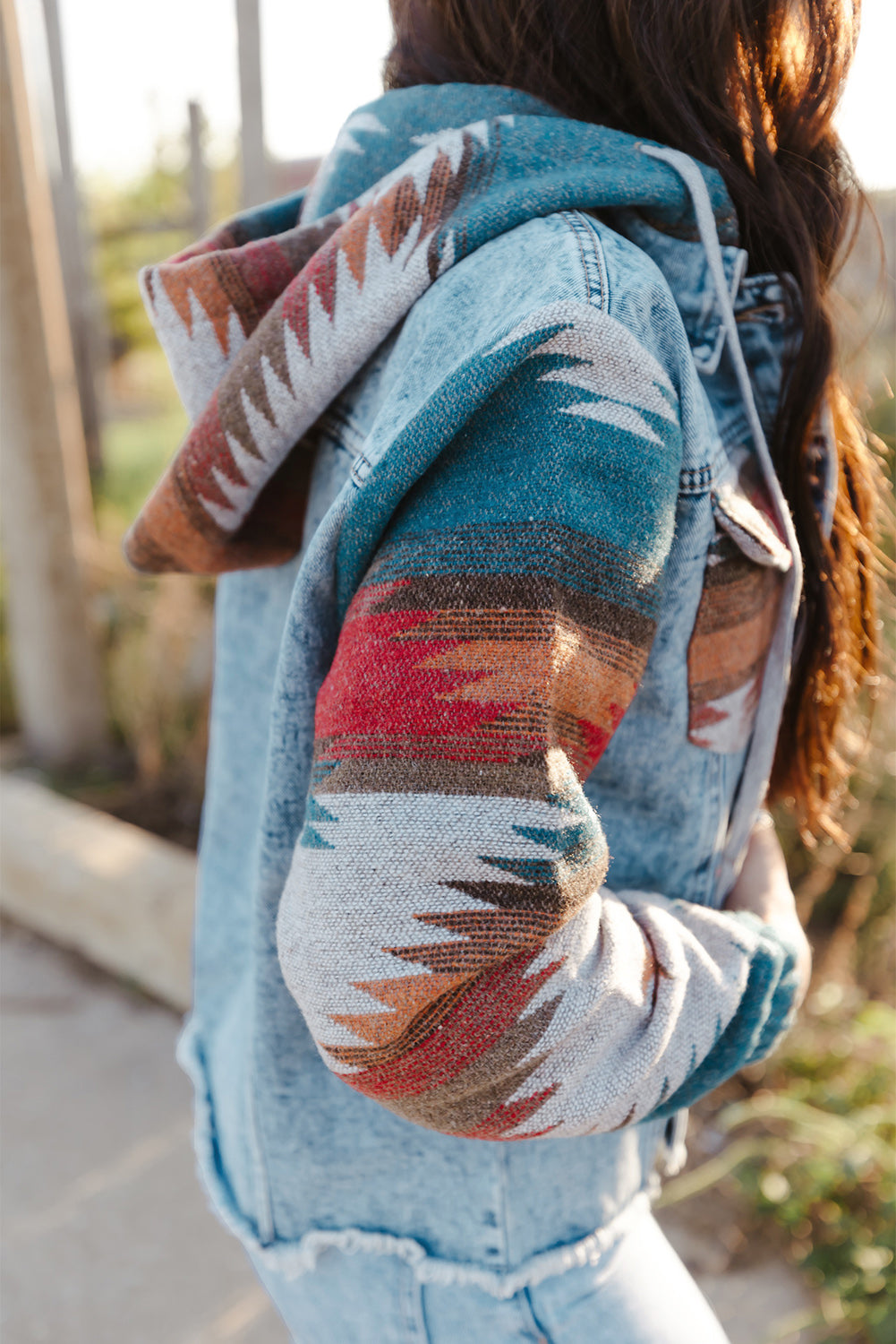 Multicolor Aztec Print Frayed Hem Denim Jacket-Chaelisa's New Jammies