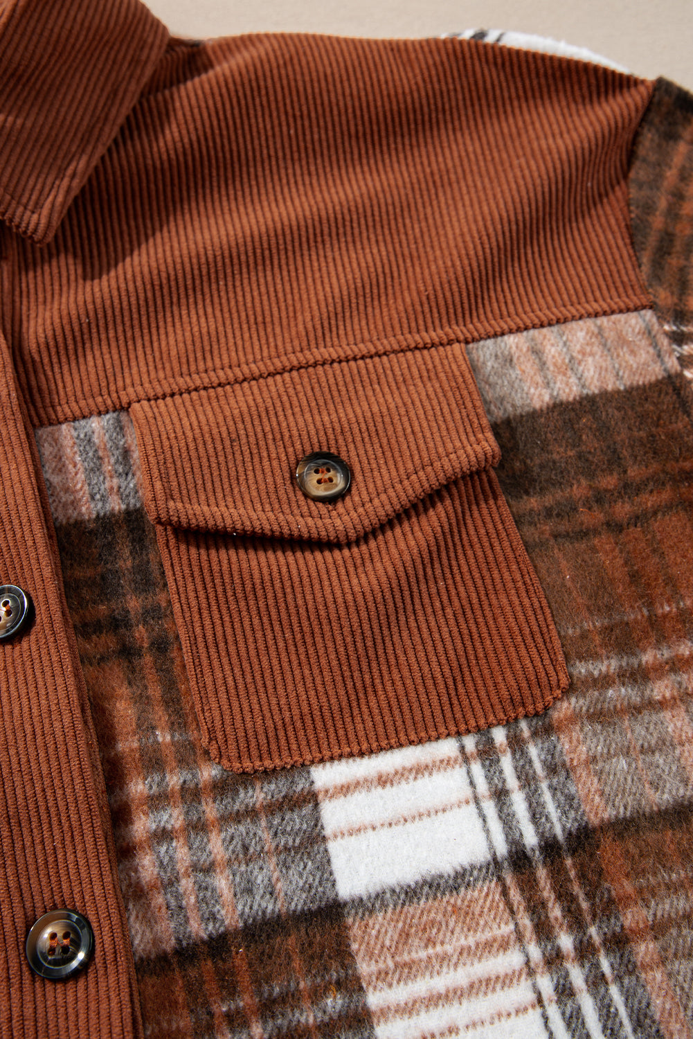 Cinnamon Plaid Corduroy Patchwork Chest Pocket Shacket-Chaelisa's New Jammies