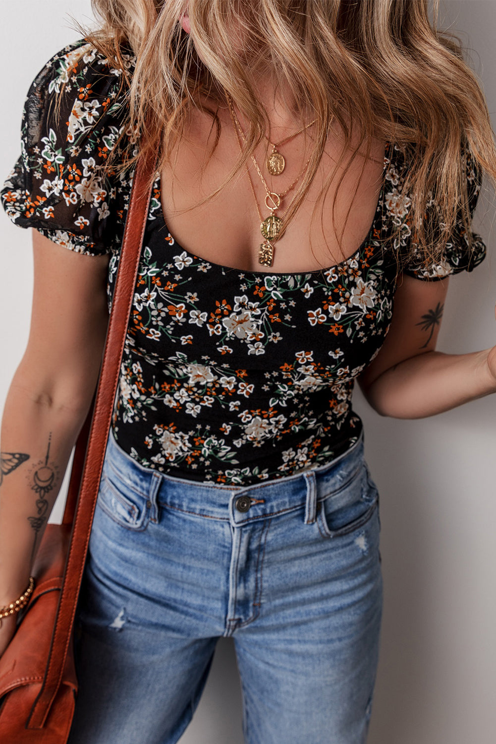 Black Floral Print U Neck Short Puff Sleeve Bodysuit-Chaelisa's New Jammies