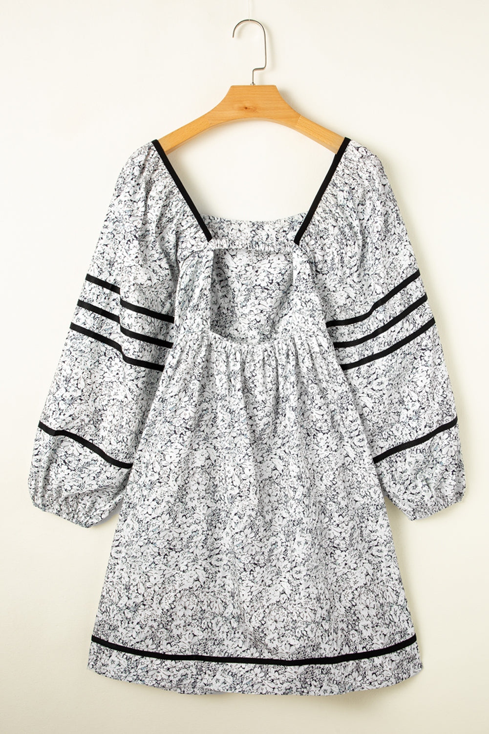 Gray Floral Print Open Back Balloon Sleeve Square Neck Mini Dress-Chaelisa's New Jammies