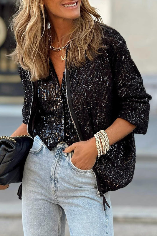 Black Sequin Zip up Round Neck Long Sleeve Jacket-Chaelisa's New Jammies
