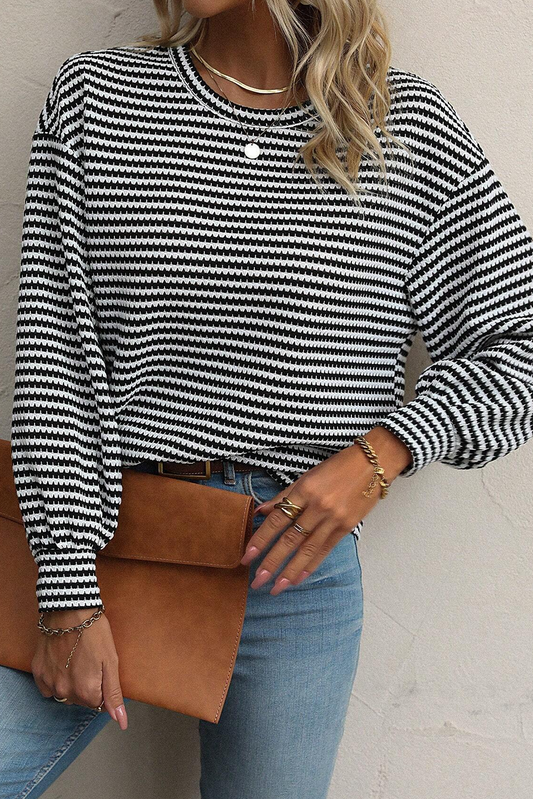 Black Stripe Round Neck Drop Shoulder Long Sleeve Top-Chaelisa's New Jammies