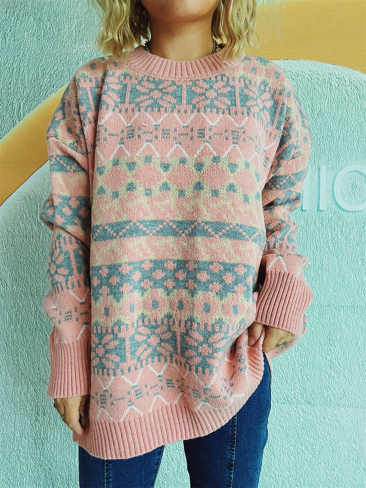 Geometric Round Neck Dropped Shoulder Sweater-Chaelisa's New Jammies
