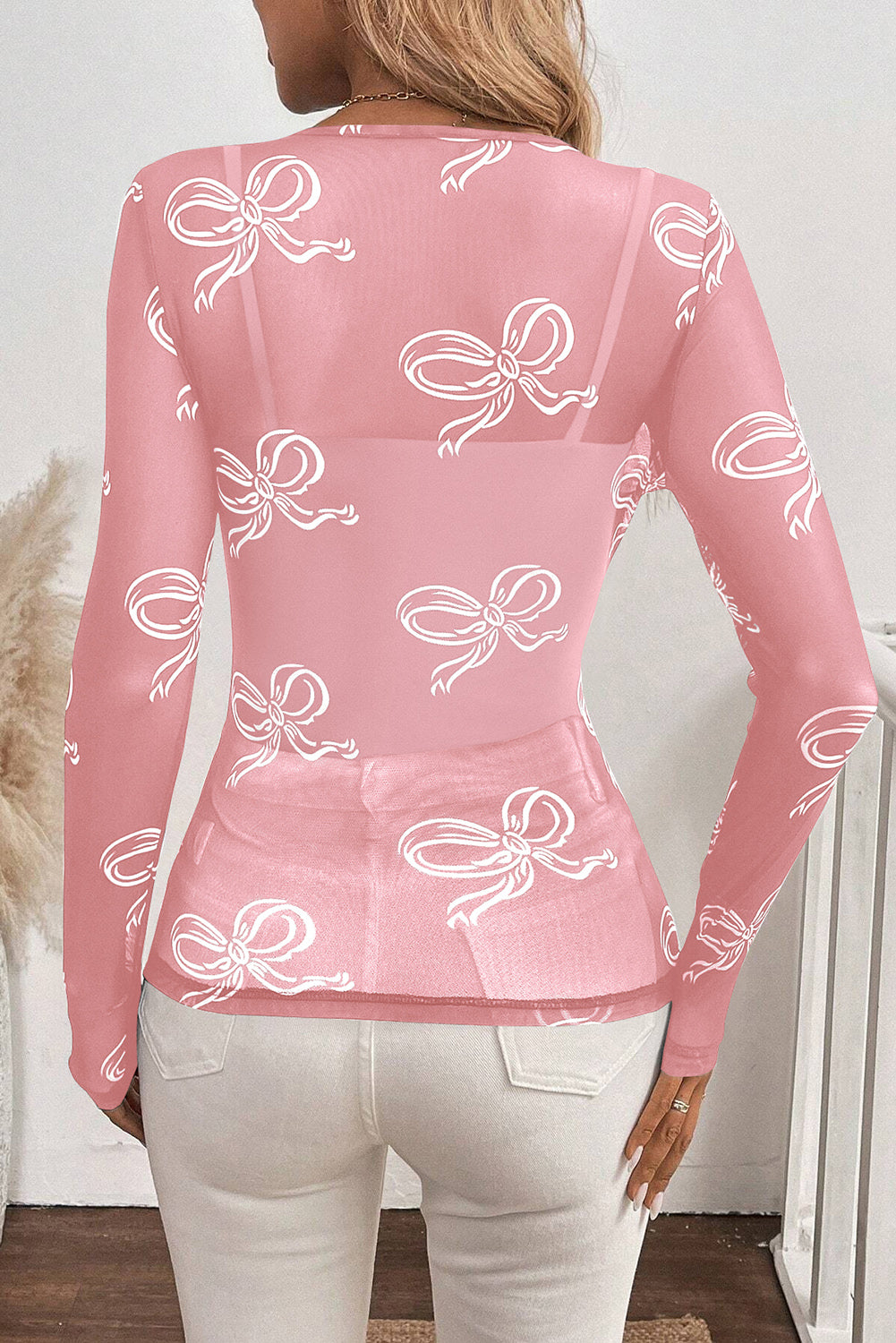 Pink Round Neck Bow Print Long Sleeve Mesh Top-Chaelisa's New Jammies