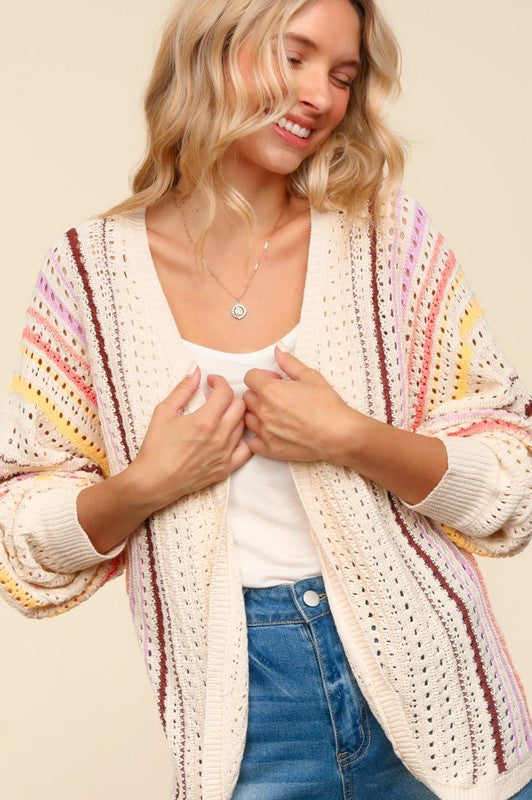 Haptics Full Size Striped Crochet Open Front Cardigan-Chaelisa's New Jammies