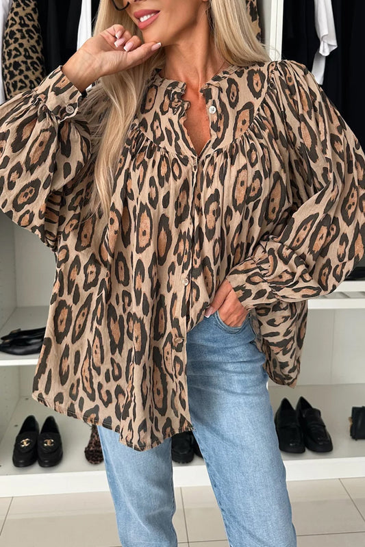 Light French Beige Oversized Leopard Print Balloon Sleeve Casual Shirt-Chaelisa's New Jammies