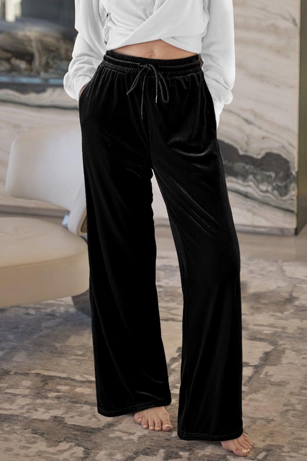 Black Solid Drawstring Waist Wide Leg Pants-Chaelisa's New Jammies