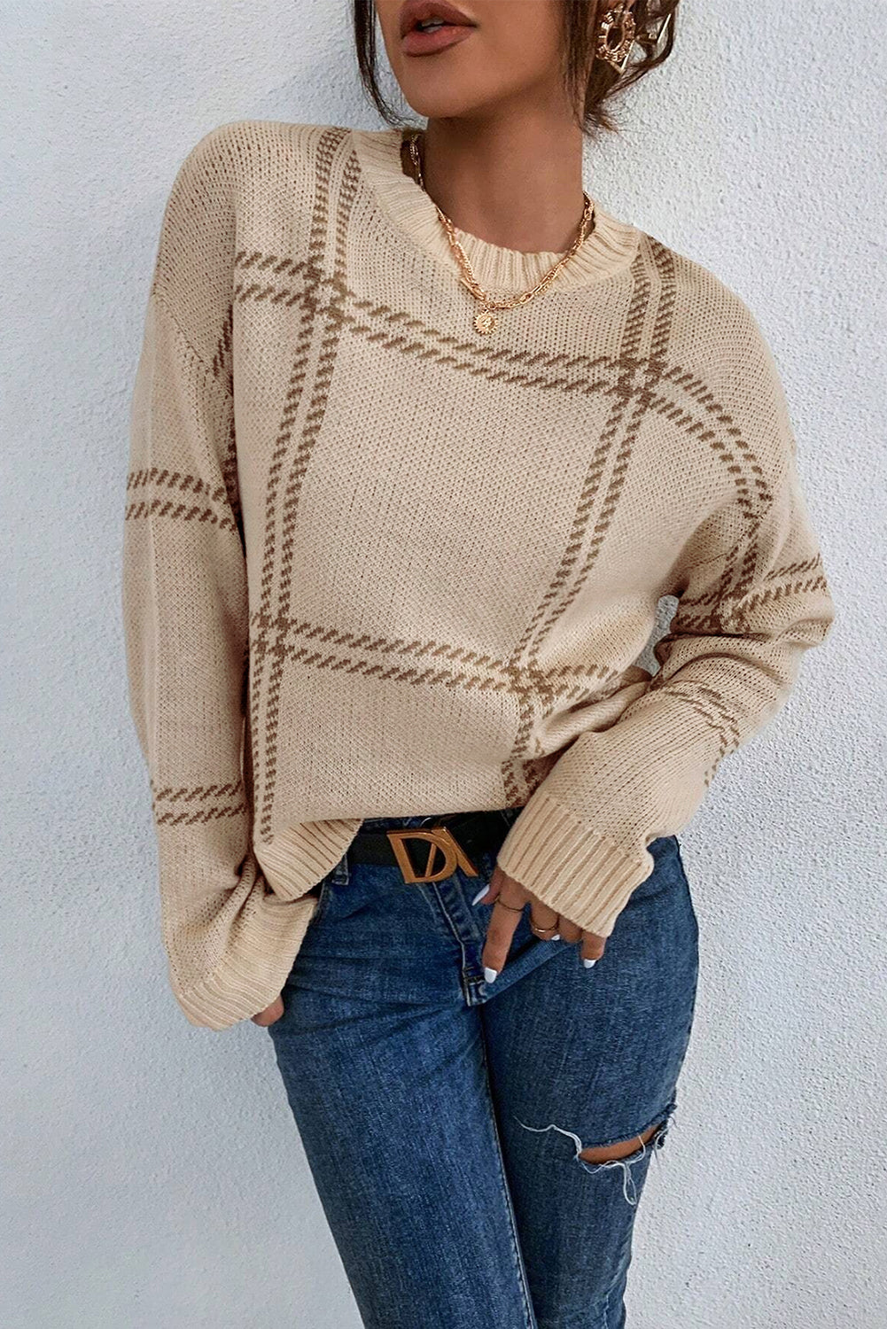 Khaki Plaid Pattern Knitted Drop Shoulder Sweater-Chaelisa's New Jammies