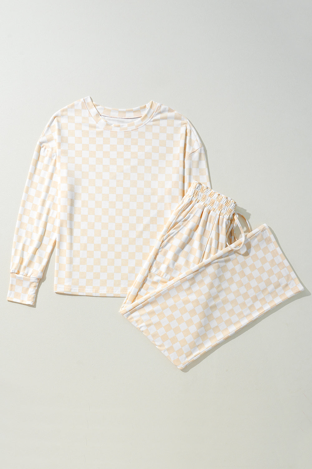 Beige Checkered Print Long Sleeve Top and Pants Lounge Set-Chaelisa's New Jammies