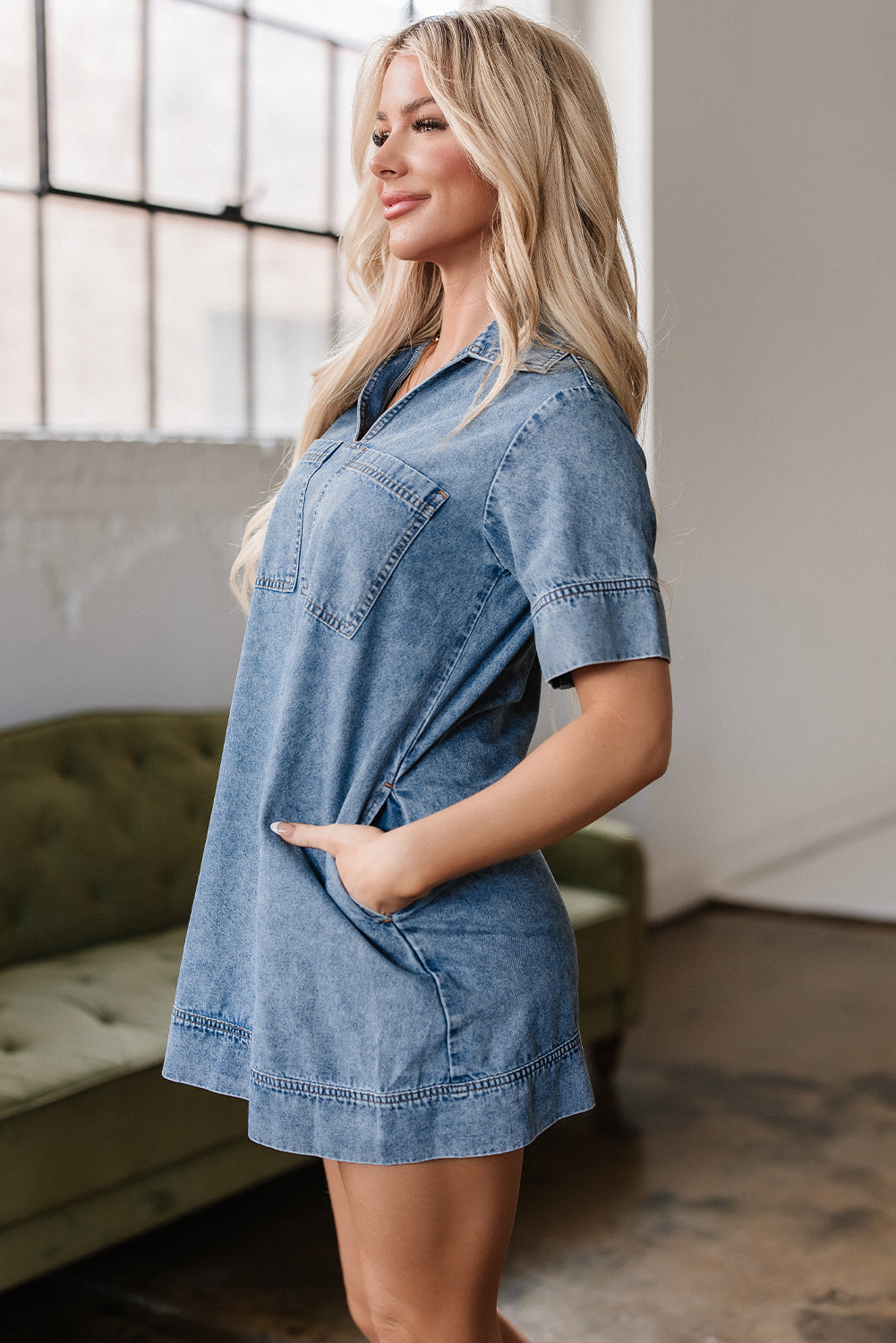 Beau Blue Short Sleeve Collared Patched Pocket Denim Mini Dress-Chaelisa's New Jammies