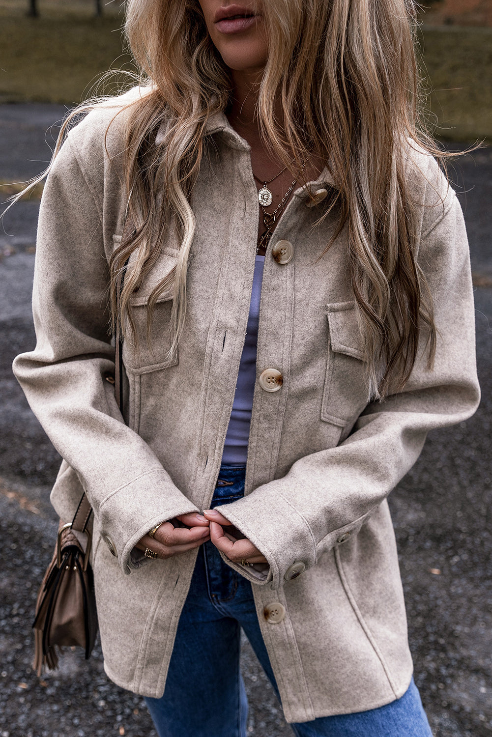 Light Grey Turn Down Collar Flap Pockets Buttoned Shacket-Chaelisa's New Jammies