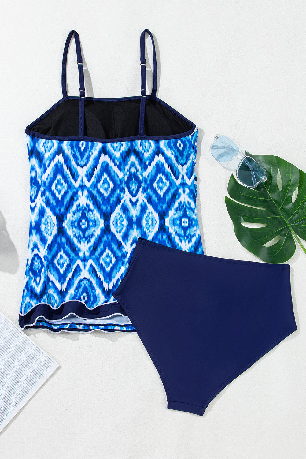 Navy Blue Abstract Print Frilled Trim Spaghetti Straps Tankini Set-Chaelisa's New Jammies