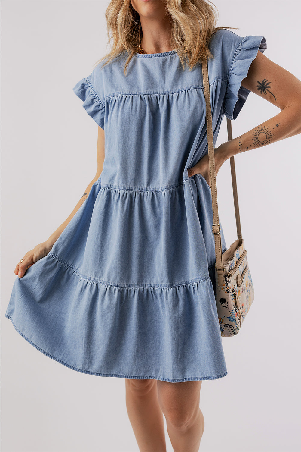 Beau Blue Ruffle Short Sleeve Tiered A-line Denim Dress-Chaelisa's New Jammies