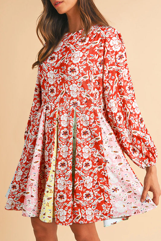 Red Colorful Floral Patchwork Long Sleeve Pleated Mini Dress-Chaelisa's New Jammies