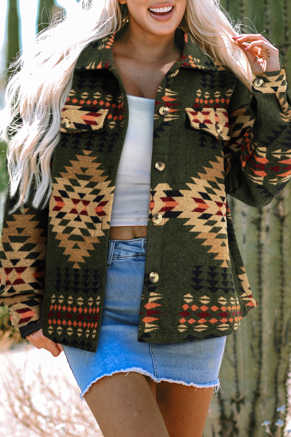 Green Aztec Print Flap Pockets Long Sleeve Shacket-Chaelisa's New Jammies