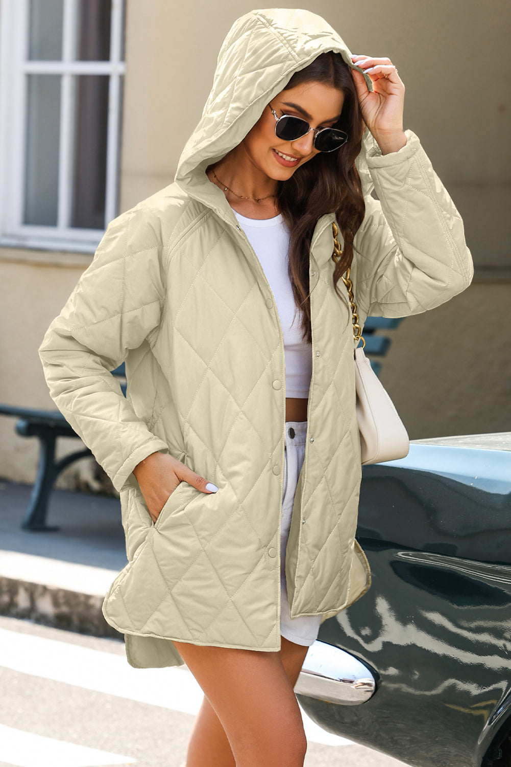 Beige Quilted Snap Button Hooded Coat-Chaelisa's New Jammies