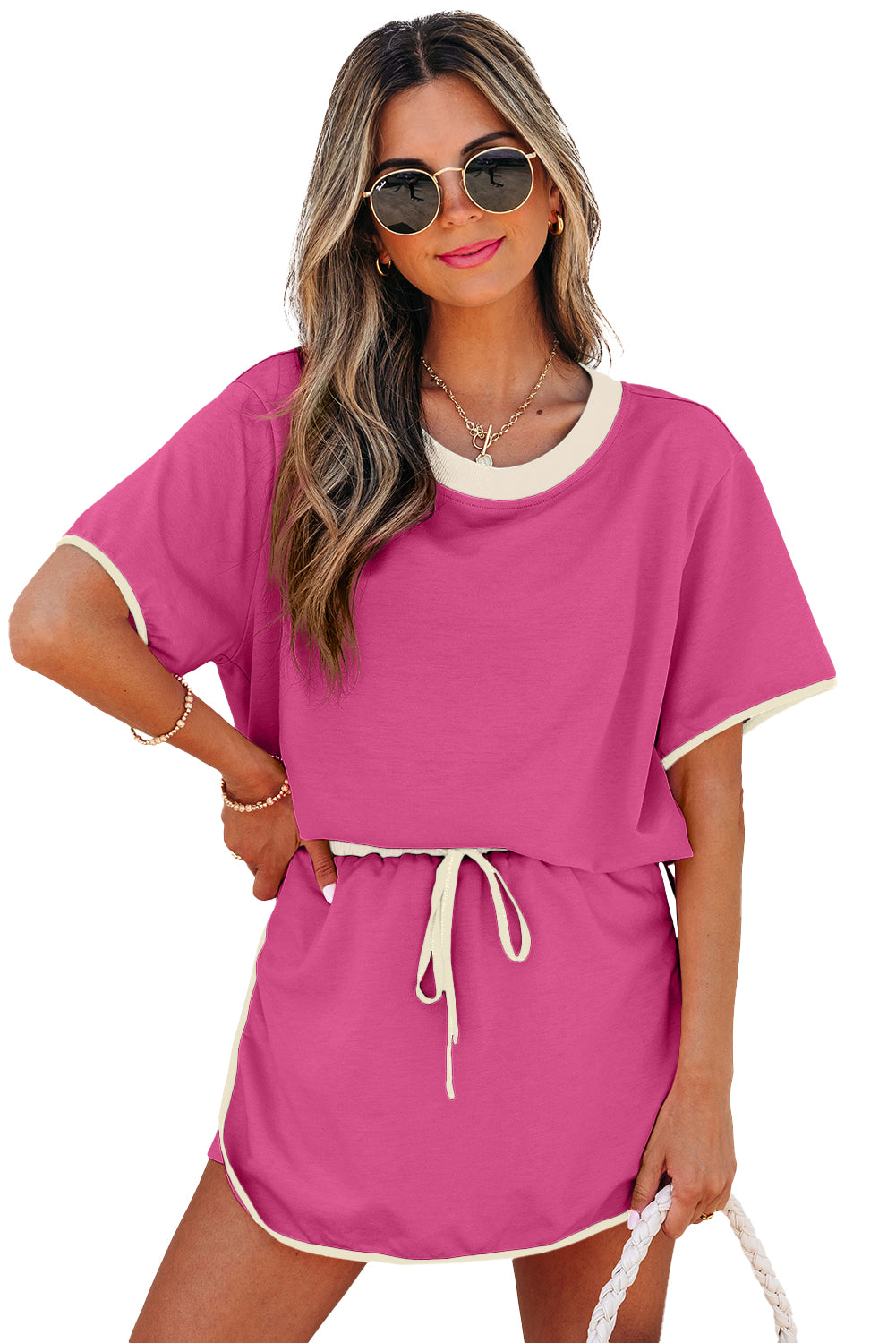 Rose Red Colorblock Edge Drop Shoulder T Shirt and Skort 2Pcs Set