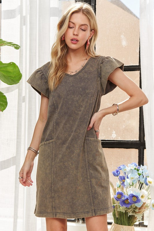 ADORA Mineral Washed V-Neck Ruffled Cap Sleeve Dress-Chaelisa's New Jammies