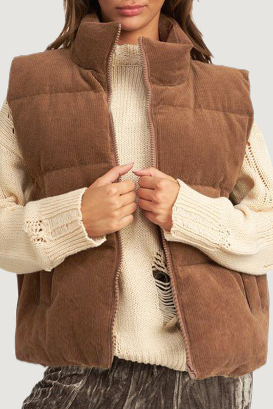 Coffee Corduroy Stand Neck Zipped Puffer Vest-Chaelisa's New Jammies