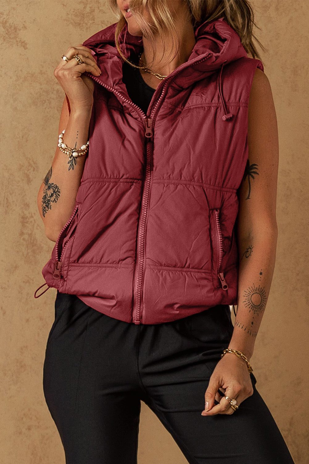 Clay Zip-up Side Pockets Hooded Puffer Vest-Chaelisa's New Jammies