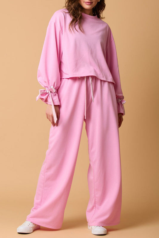 Bonbon Solid Color Drawstring Long Sleeve Top and Pants Set-Chaelisa's New Jammies