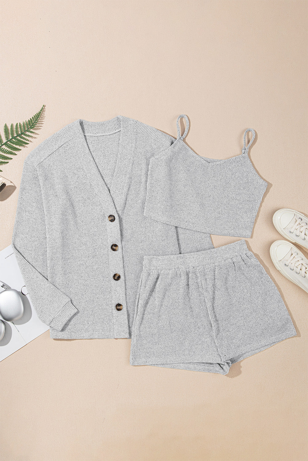 Light Grey 3 Pieces Rib Crop Camisole Matching Shorts Lounge Set with Cardigan-Chaelisa's New Jammies