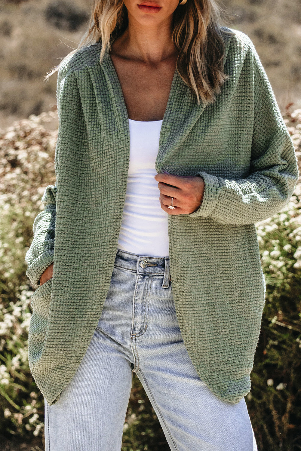 Laurel Green Waffle Knit Open Front Cardigan-Chaelisa's New Jammies