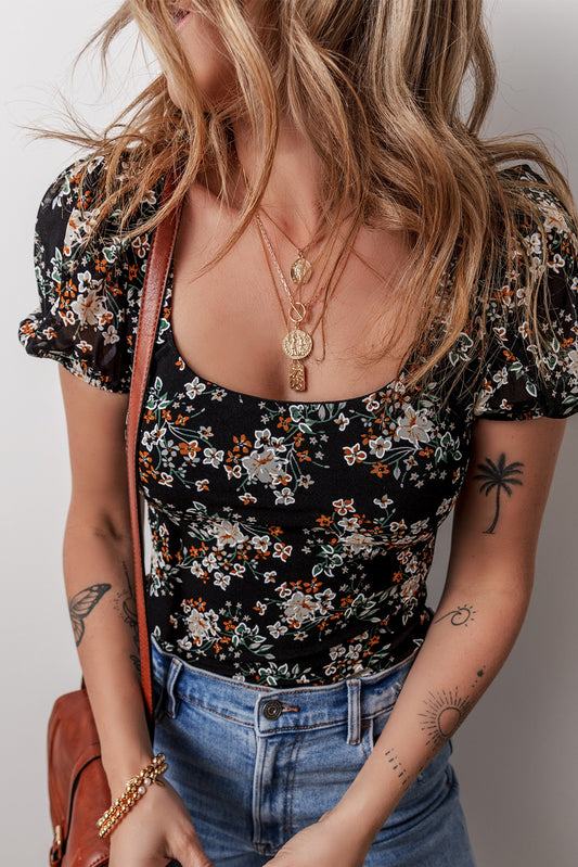 Black Floral Print U Neck Short Puff Sleeve Bodysuit-Chaelisa's New Jammies