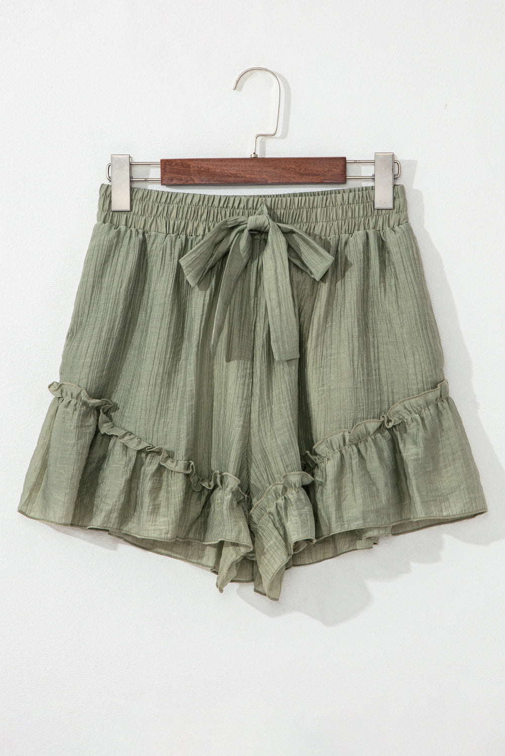 Laurel Green Textured Tie Waist Ruffle Hem Shorts-Chaelisa's New Jammies