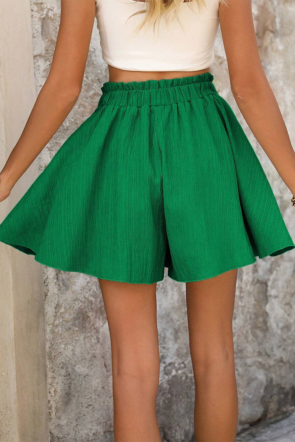 Dark Green Textured Frilled Lace-up High Waist Ruffle Wide Leg Shorts-Chaelisa's New Jammies