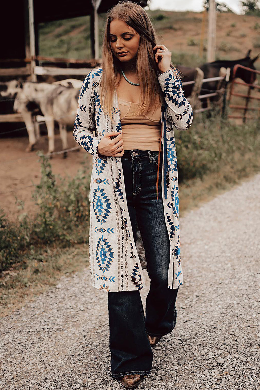 Sky Blue Western Aztec Printed Open Front Long Cardigan-Chaelisa's New Jammies