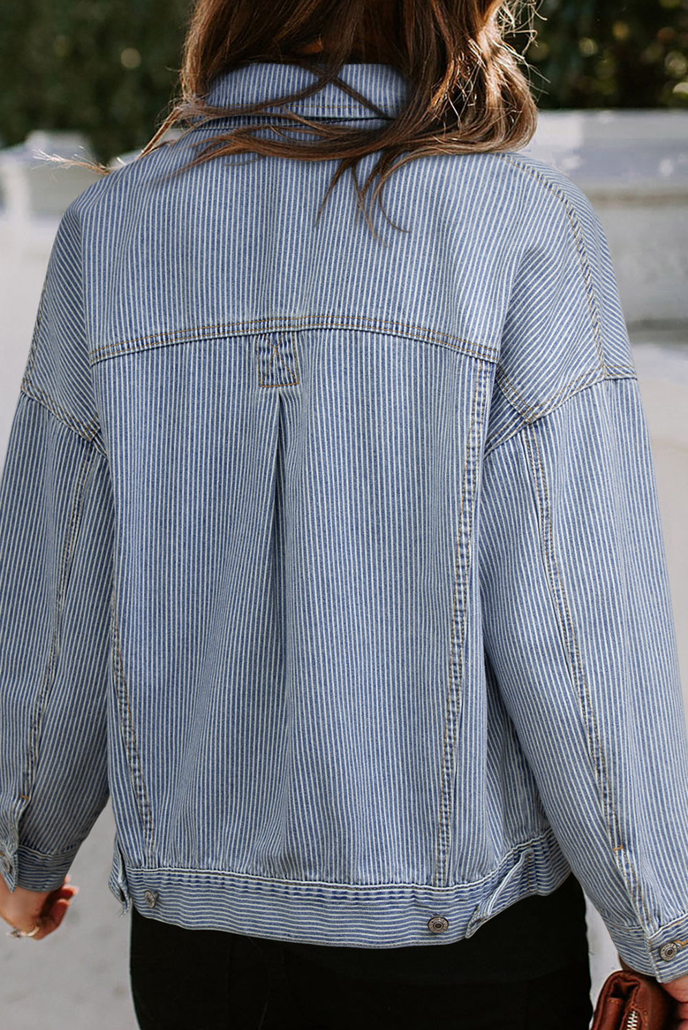 Sky Blue Stripe Washed Oversize Pocketed Denim Jacket-Chaelisa's New Jammies