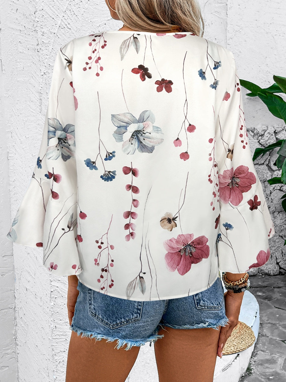 Ruffled Printed V-Neck Half Sleeve Blouse-Chaelisa's New Jammies