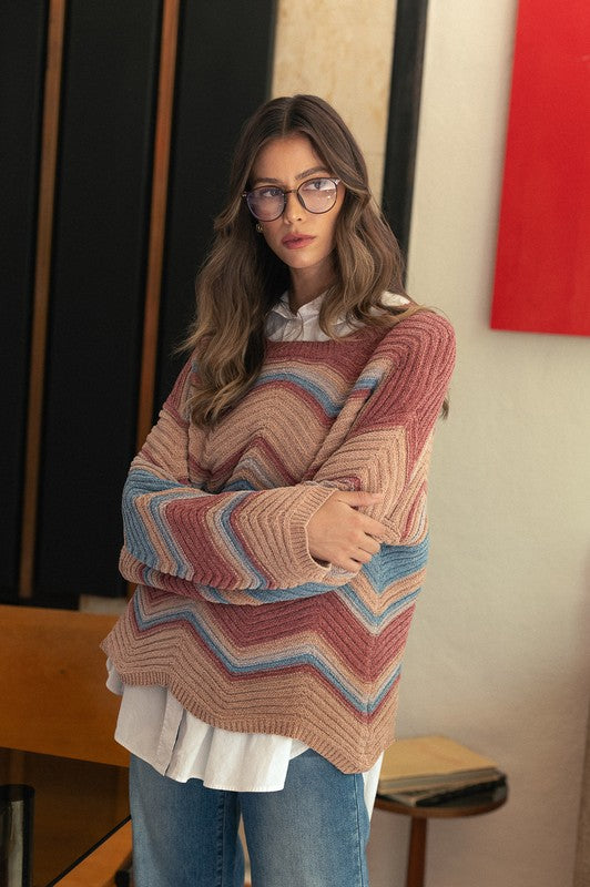 Annie Wear Multi Color Zig-Zag Round Neck Sweater-Chaelisa's New Jammies